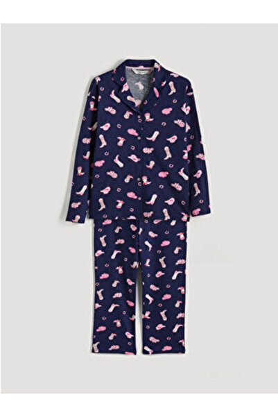 LC Waikiki M1 Sezon Navy Blue Shirt Collar Printed Women's Pajama Set
