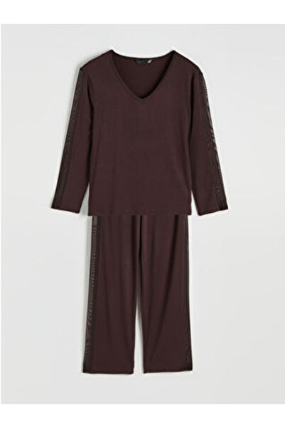 LC Waikiki M1 Sezon Brown V-Neck Tulle Detail Women's Pajama Set