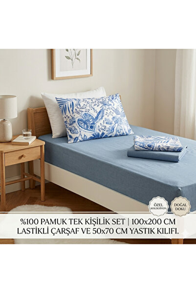 ELEGANCEHOME 100% Cotton Single Fitted Sheet Pillowcase Set - Blue Patterned ...