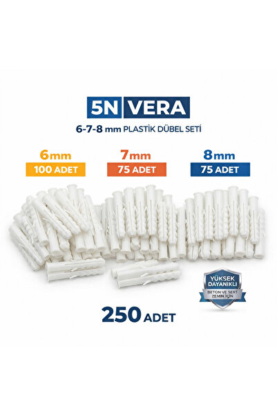 5NVERA 250 Adet Plastik Dübel Seti (6mm-7mm-8mm) | Duvar ve Beton Montaj Dübeli