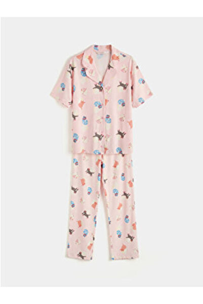 LC Waikiki M1 Sezon Pink Shirt Collar Patterned Women's Pajama Set