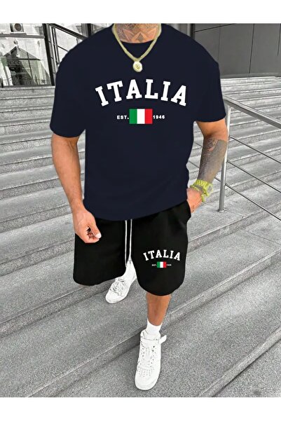 puolikuu Men's Oversized Tracksuit with Shorts - Italy Est Printed T-Shirt - ...