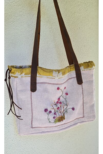 Leylace Handmade Linen Powder Pink Pulley with Embroidery O Shoulder Bag 1
