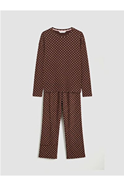 LC Waikiki طقم بيجامة نسائي من M1 SEZON باللون البني برقبة دائرية مكون من منق...