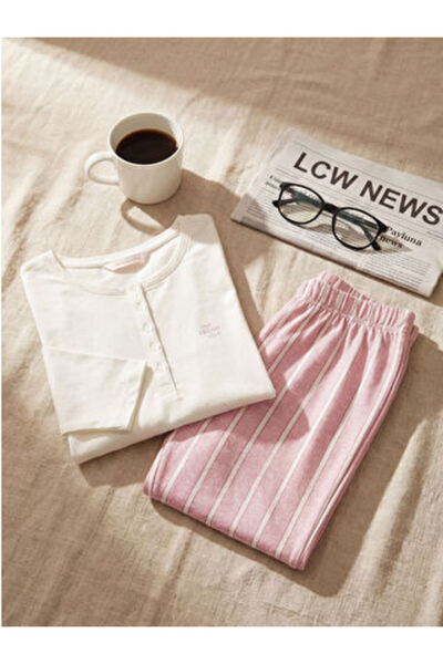 LC Waikiki M1 Sezon Pink Crew Neck Striped Women's Pajama Set
