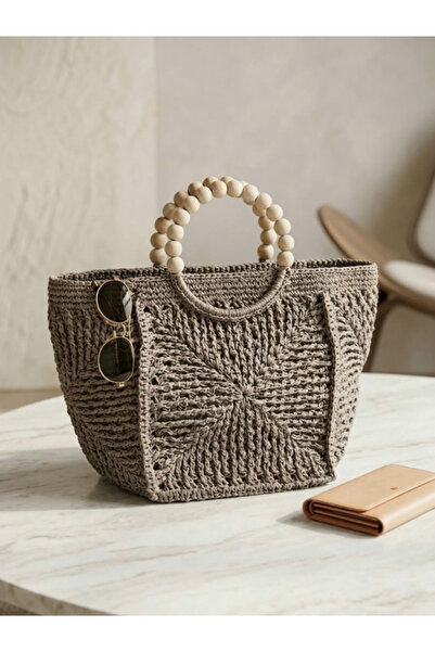 MONJER Kadın Ahşap Boncuk Saplı El Emeği Yazlık Plaj ve Günlük Çanta