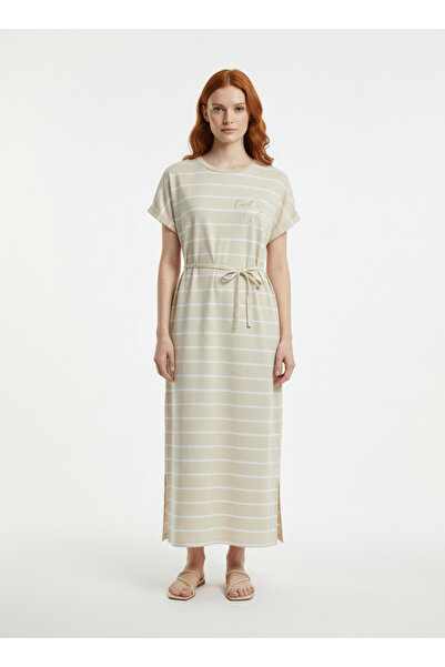 Neden Tekstil Horizontal Striped Belt Tie Detail Women's Combed Cotton Dress