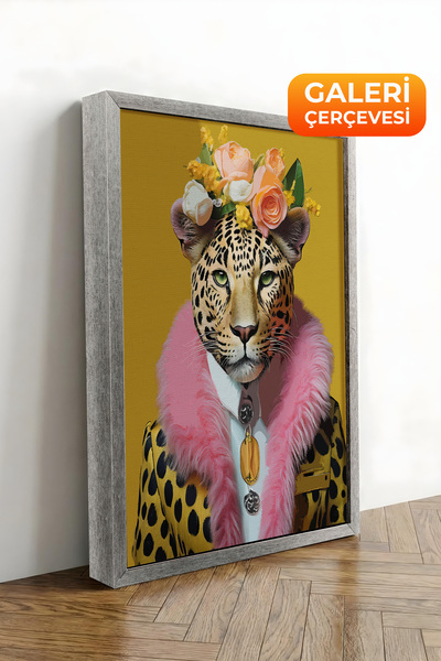 Zestia Tablou pe pânză înrămat cu argint, portret cu leopard în flori, Seria ...