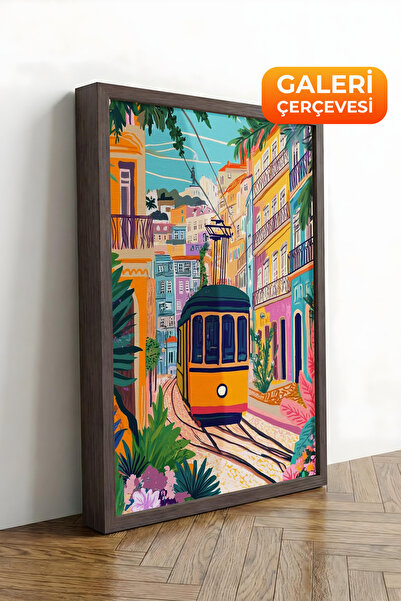 Zestia Tablou pe pânză înrămată maro Străzi cu tramvaie galbene - Peisaj urba...