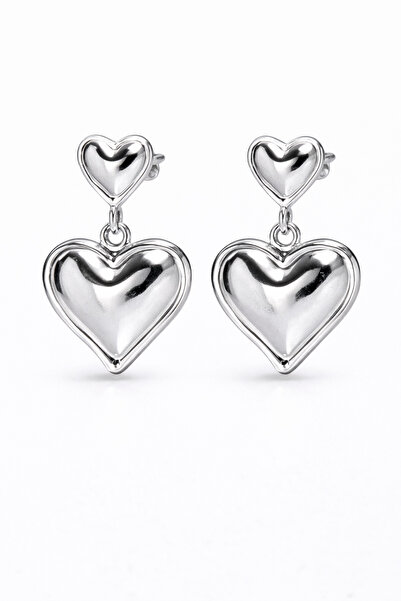 Takıtolia Zareen Silver Framed Double Heart Figured Design Silver Metallic Gray Silver Earrings