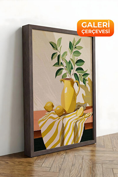 Zestia Καφέ πλαισιωμένος πίνακας σε καμβά με κίτρινο λεμόνι και νεκρή φύση, Σ...