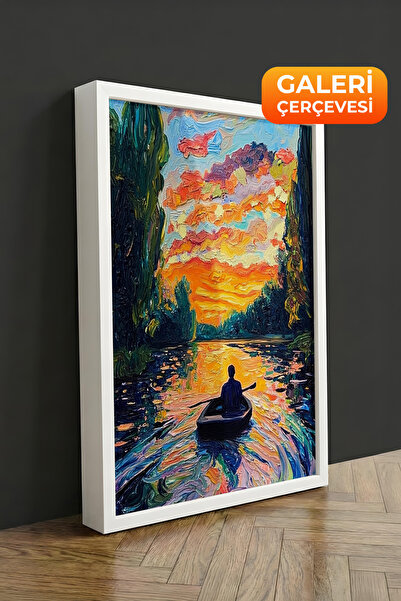 Zestia Tablou pe pânză înrămată albă, Canoe și apus de soare, Peisaj colorat ...