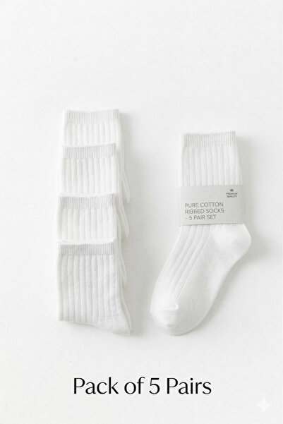 Bidani Essential White Cotton School Socks (5-Pack)Long