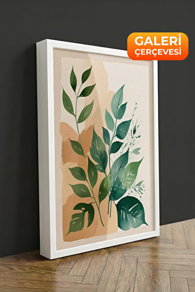 Zestia Πίνακας σε καμβά με λευκό πλαίσιο, με πράσινα φύλλα, μίνιμαλ φυτό, σει...