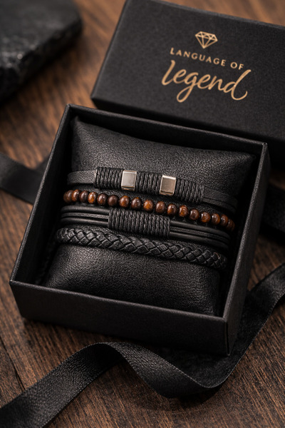 OEM Men's Bracelet Set Leather & Brown Wood Multiple Adjustable Bracelets, Me...