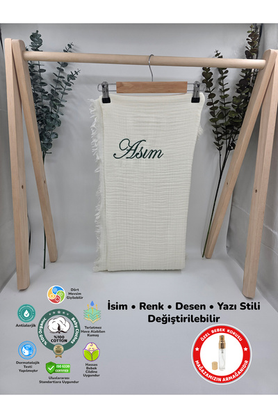 %100 Pamuk 4 Katlı Müslin Kumaş Püsküllü Battaniye (Hediyeli İsimli Nakış Desenli)