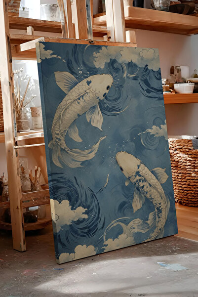 Zestia Πίνακας σε καμβά με ψάρια Koi στα Ιαπωνικά κύματα, Σειρά Premium Αρ. 1...