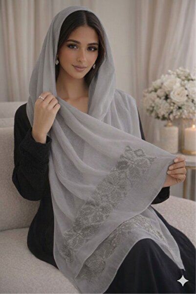 Veil Designer Gray cotton fabric with Palestinian embroidery on both sides, 1...