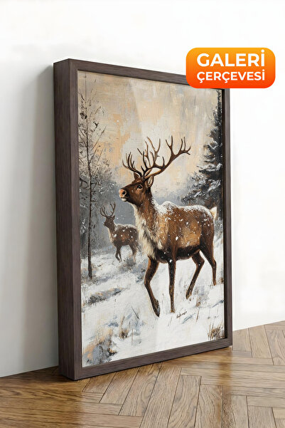 Zestia Tablou pe pânză înrămată maro, stil pictură în ulei cu cerb și pădure,...