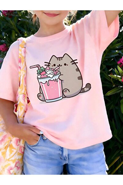 Velostra Girl's Sweet Cat Printed Oversized Comfortable Daily Use Combed Cott...