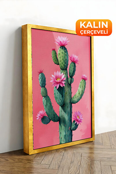 Zestia Tablou pe pânză înrămat cu aur, cactus roz, serie premium minimalească...