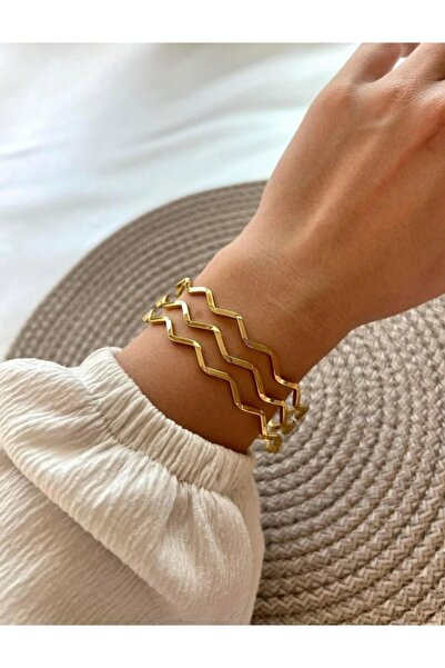 stainless steell gold renk 22 ayar kaplama 3 adet zikzak ajda bilezik set