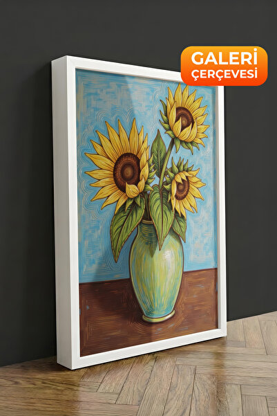 Zestia Πίνακας σε καμβά με λευκό πλαίσιο Ηλιοτρόπια σε βάζο σε στυλ Βαν Γκογκ...