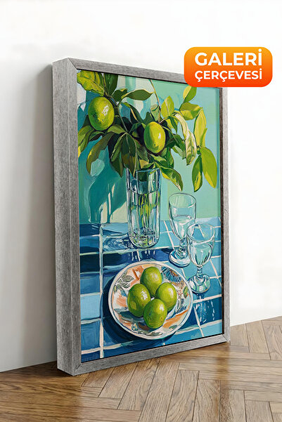 Zestia Πίνακας σε καμβά με ασημένιο πλαίσιο Πράσινα λεμόνια Νεκρή φύση Σειρά ...