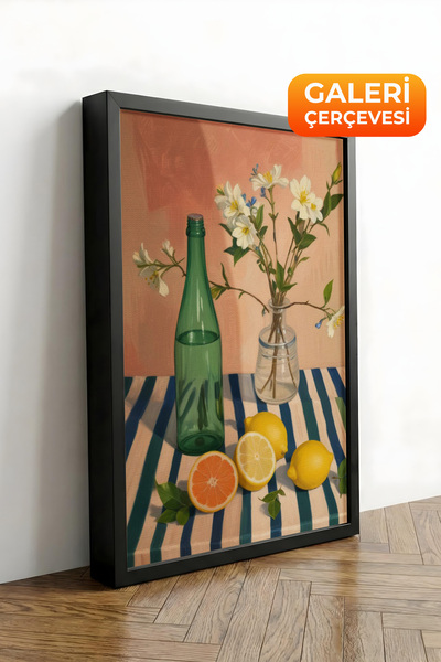Zestia Πίνακας σε καμβά με μαύρο πλαίσιο, γυάλινα μπουκάλια, λεπτομέρεια λουλ...