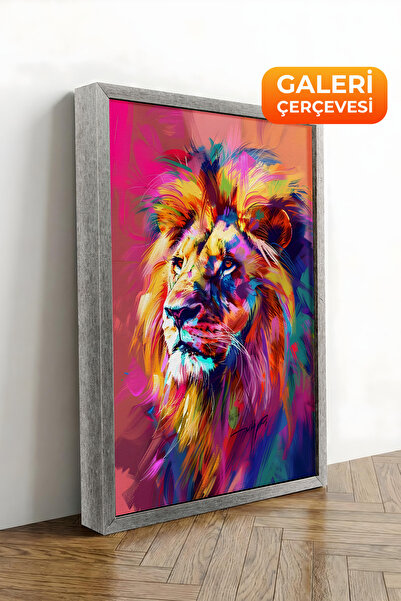 Zestia Tablou pe pânză cu ramă argintie, portret colorat cu leu, seria premiu...