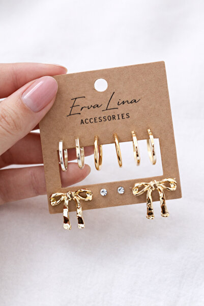 Ervalina 5 Çift Fiyonk Yıldız Kalp Küpe Seti