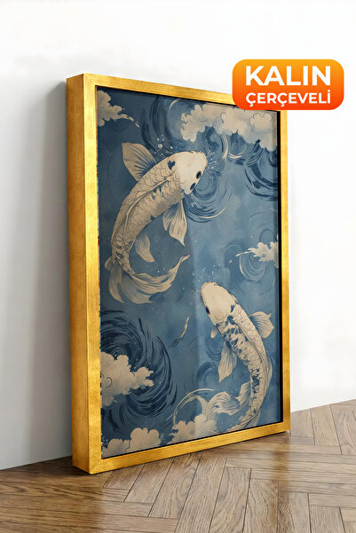 Zestia Εκτύπωση σε καμβά με χρυσό πλαίσιο Koi Fish Among the Japanese Waves P...