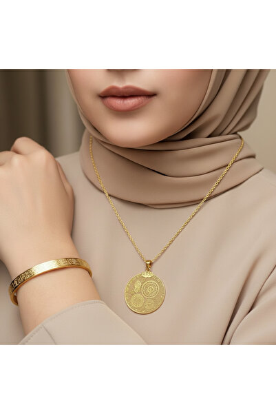 Trenyx Çoklu Dua Kolye ve Ayetel Kürsi Bileklik Seti Gold Çelik Şık Takı Seti