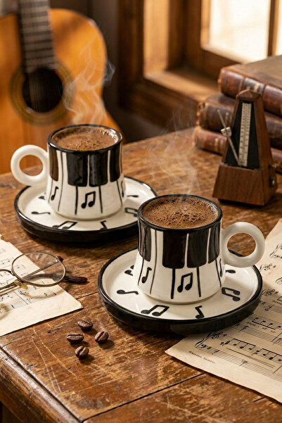 EVCİME Handmade Piano and Note Patterned 2-Person 4-Piece Ceramic Cup Set