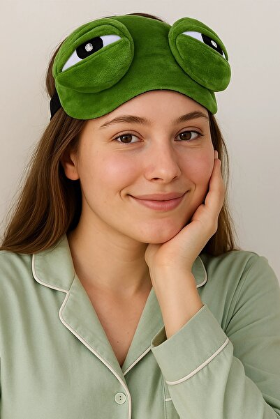 Stone Family Yeşil Kurbağa Figürlü Peluş Uyku Bandı - Yumuşak Dokulu Göz Maskesi