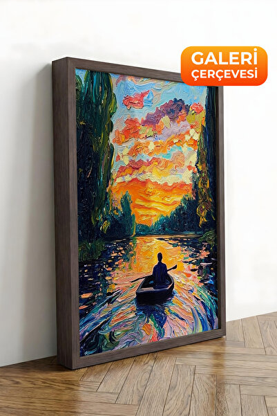 Zestia Tablou pe pânză înrămată maro, Caiac și apus de soare, Peisaj colorat ...