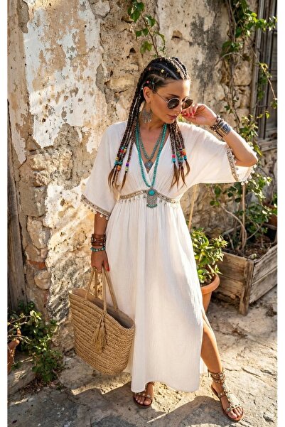 AYZEY Ethnic-Inspired Detailed V-Neck Muslin Dress