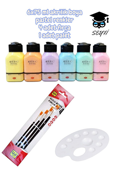 SEYFİKİRTASİYE artdeco 6x75 ml akrilik boya pastel renkler 4 adet fırça 2-4-6...