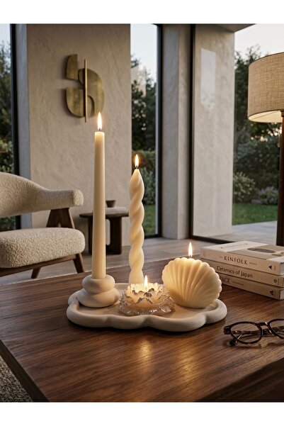 YASMELLA HOME Minimalist Bulut Tepsi & Dekoratif Beyaz Mum Seti – Evinize Zar...