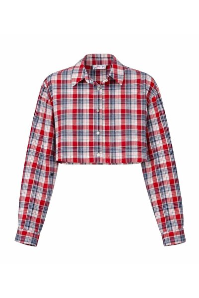 Miss Poem Women's Red Plaid Patterned Cropped Shirt
