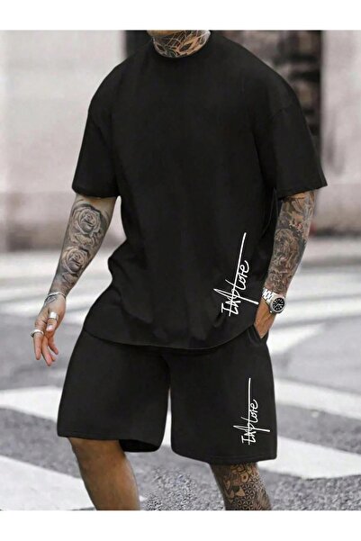 puolikuu Men's Oversized Tracksuit with Shorts - Lettering Printed T-Shirt - ...