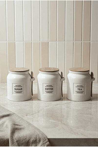 Perotti Modern 3-Piece Jar Set with Spoons Bone Porcelain Multi-Purpose Kitch...