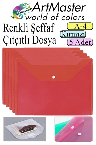 Artmaster Crvena A4 kopča za dokumente, providna omotnica u boji, 5 komada ko...