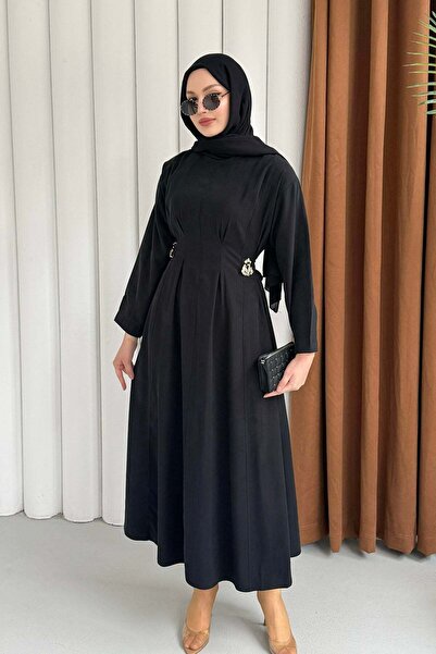 Modaensarbutik Gold Broş Bel Detaylı Tesettür Elbise-SİYAH