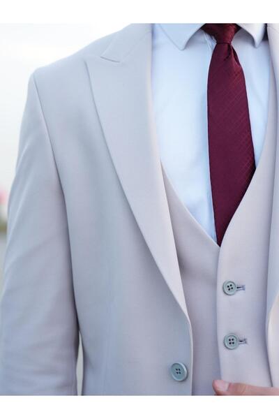 Dupont Classics Stone Color Slim Fit Pointed Collar Vest Set Men's Suit