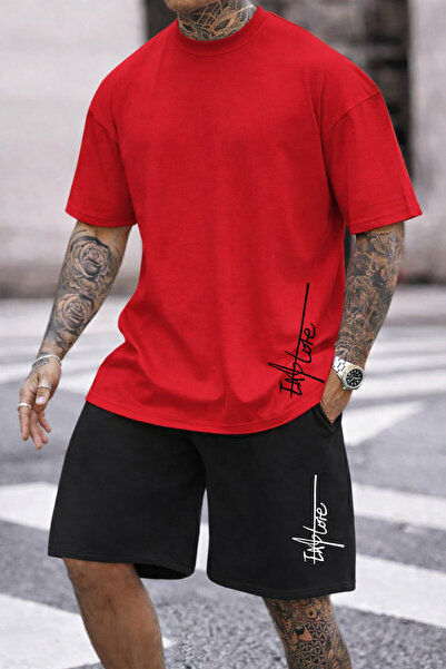 puolikuu Men's Oversized Tracksuit with Shorts - Lettering Printed T-Shirt - ...