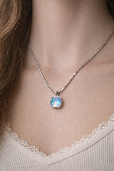 Takıtolia Xiavy Square Blue Sparkle Silver Color Chain Stainless Steel Necklace