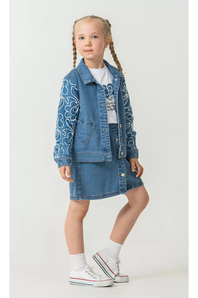 ALG Girls' Embroidered Denim Jacket + Denim Skirt + T-Shirt 3-Piece Set Styli...