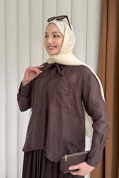 Modaensarbutik Cepli Kuşaklı İnce Modal Kumaş Gömlek-KAHVERENGİ