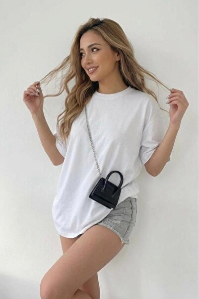 assef Tricou alb pentru femei basic supradimensionat bumbac cu textură moale ...